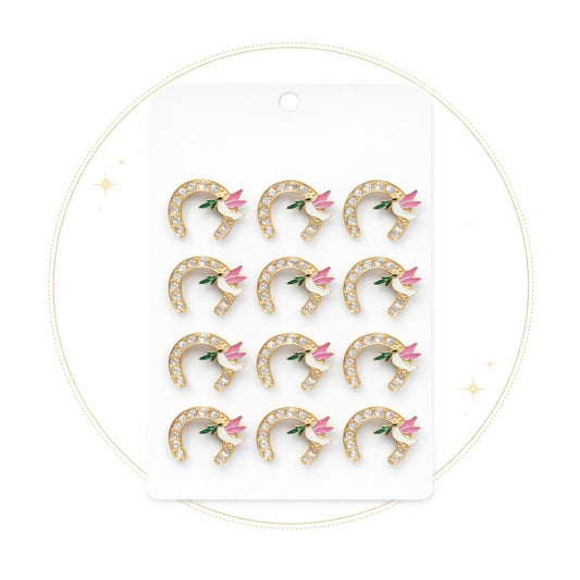 Set 12 brose Martisor pe carton prezentare, 17x10 cm, Cadou 1 Martie, Potcoava cu porumbel