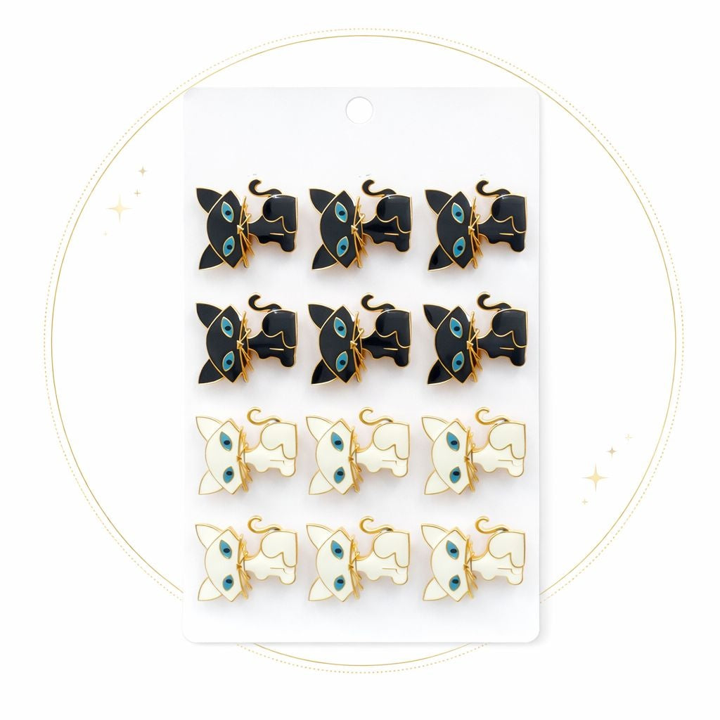 Set 12 brose Martisor pe carton prezentare, 17x10 cm, Cadou 1 Martie, Pisica alb negru