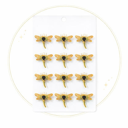 Set 12 brose Martisor pe carton prezentare, 17x10 cm, Cadou 1 Martie, Libelula auriu portocaliu