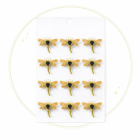 Set 12 brose Martisor pe carton prezentare, 17x10 cm, Cadou 1 Martie, Libelula auriu portocaliu