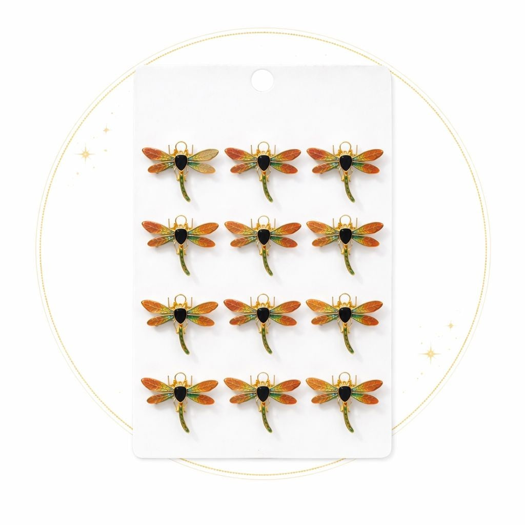 Set 12 brose Martisor pe carton prezentare, 17x10 cm, Cadou 1 Martie, Libelula auriu portocaliu