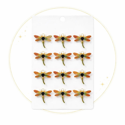 Set 12 brose Martisor pe carton prezentare, 17x10 cm, Cadou 1 Martie, Libelula auriu portocaliu