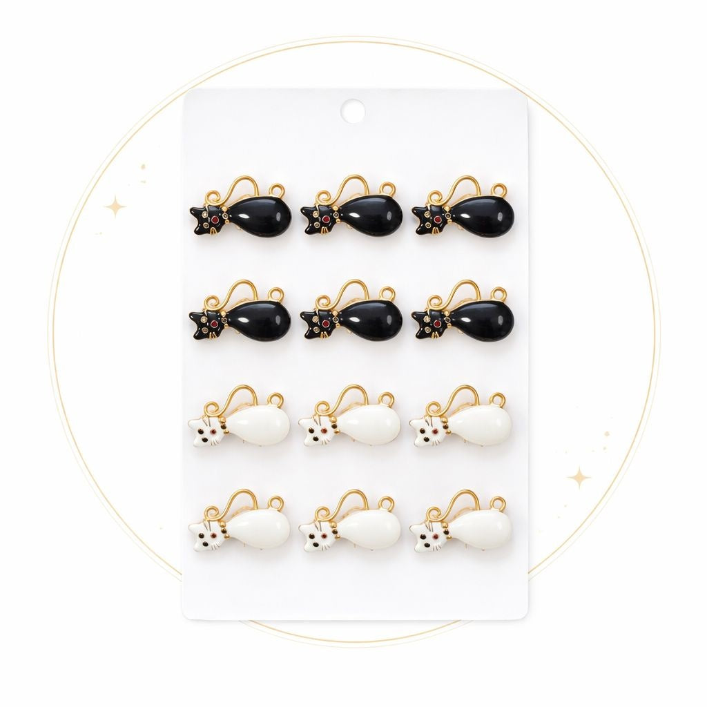 Set 12 brose Martisor pe carton prezentare, 17x10 cm, Cadou 1 Martie, Pisica alb negru