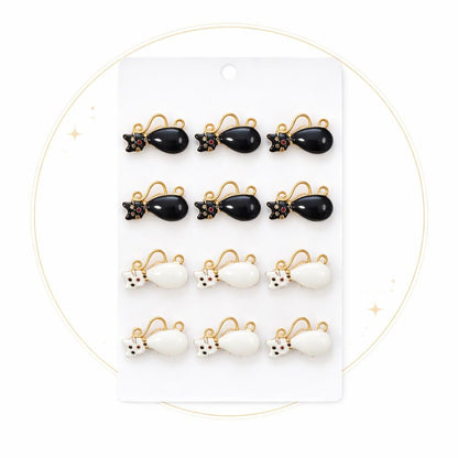 Set 12 brose Martisor pe carton prezentare, 17x10 cm, Cadou 1 Martie, Pisica alb negru