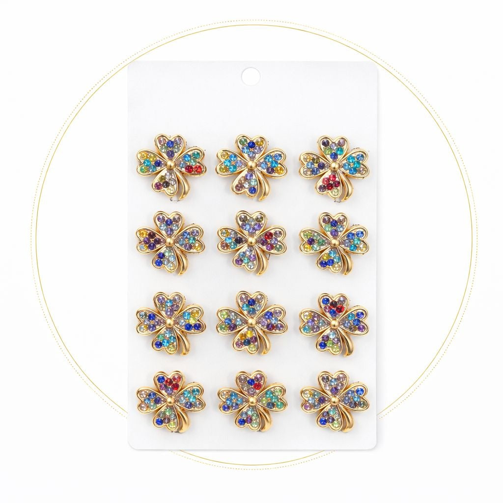 Set 12 brose Martisor pe carton prezentare, 17x10 cm, Cadou 1 Martie, Trifoi cu strasuri multicolor