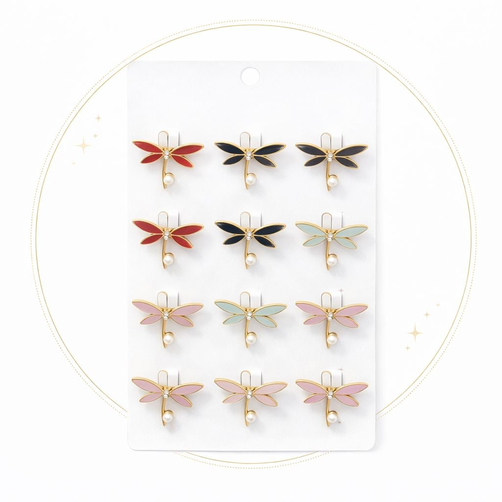 Set 12 brose Martisor pe carton prezentare, 17x10 cm, Cadou 1 Martie, Libelule diverse culori
