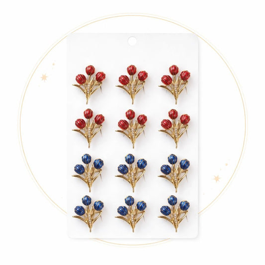 Set 12 brose Martisor pe carton prezentare, 17x10 cm, Cadou 1 Martie, Buchet lalele, diverse culori