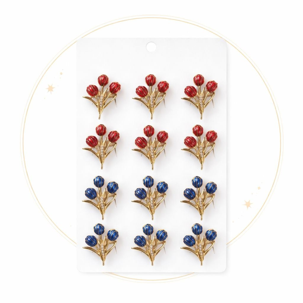 Set 12 brose Martisor pe carton prezentare, 17x10 cm, Cadou 1 Martie, Buchet lalele, diverse culori