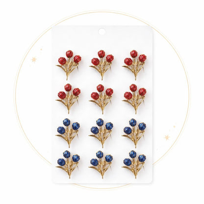 Set 12 brose Martisor pe carton prezentare, 17x10 cm, Cadou 1 Martie, Buchet lalele, diverse culori