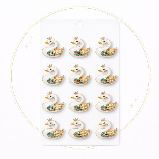Set 12 brose Martisor pe carton prezentare, 17x10 cm, Cadou 1 Martie, Lebada cu coroana