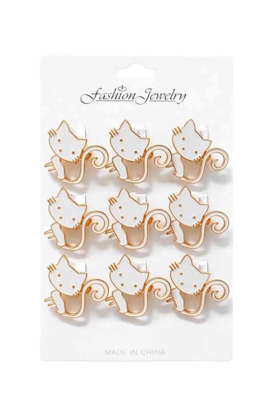Set 12 brose martisor pisica alba cu contur auriu 15x9cm