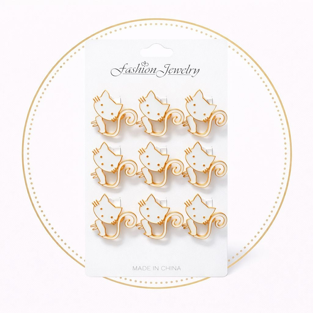Set 12 brose martisor pisica alba cu contur auriu 15x9cm
