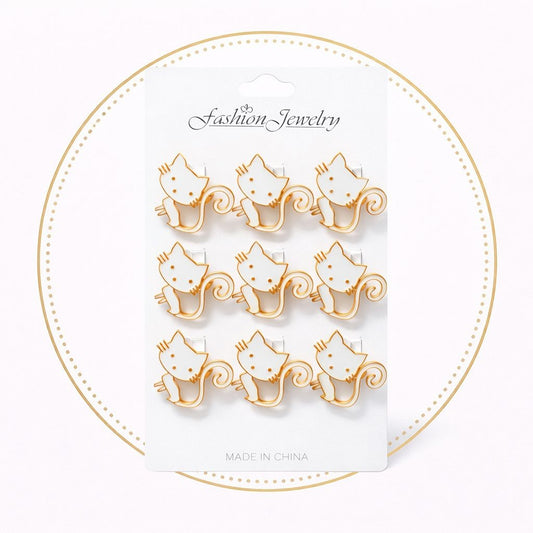 Set 12 brose martisor pisica alba cu contur auriu 15x9cm