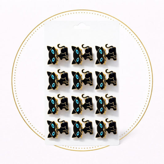Set 12 brose martisor pisica neagra cu ochi albastri 15x9cm