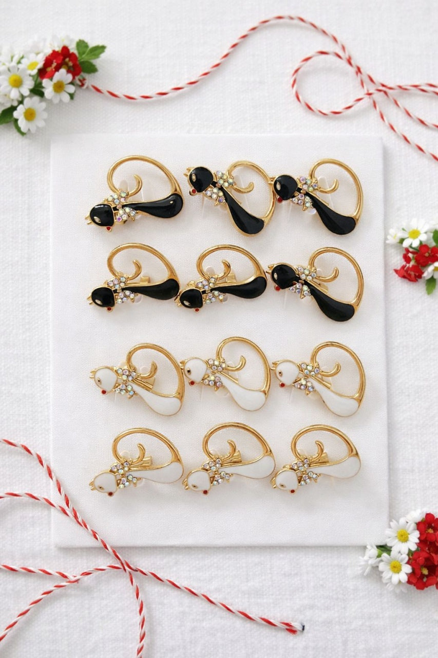 Set 12 brose martisor pisicuta dragalasa alba si neagra 20x11 cm