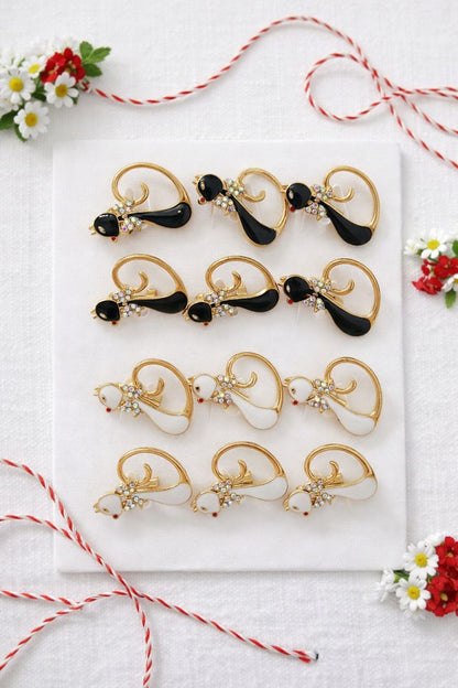 Set 12 brose martisor pisicuta dragalasa alba si neagra 20x11 cm