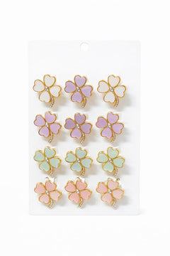 Set 12 brose martisor trifoi auriu cu strasuri, culori pastel asortate 15x9cm