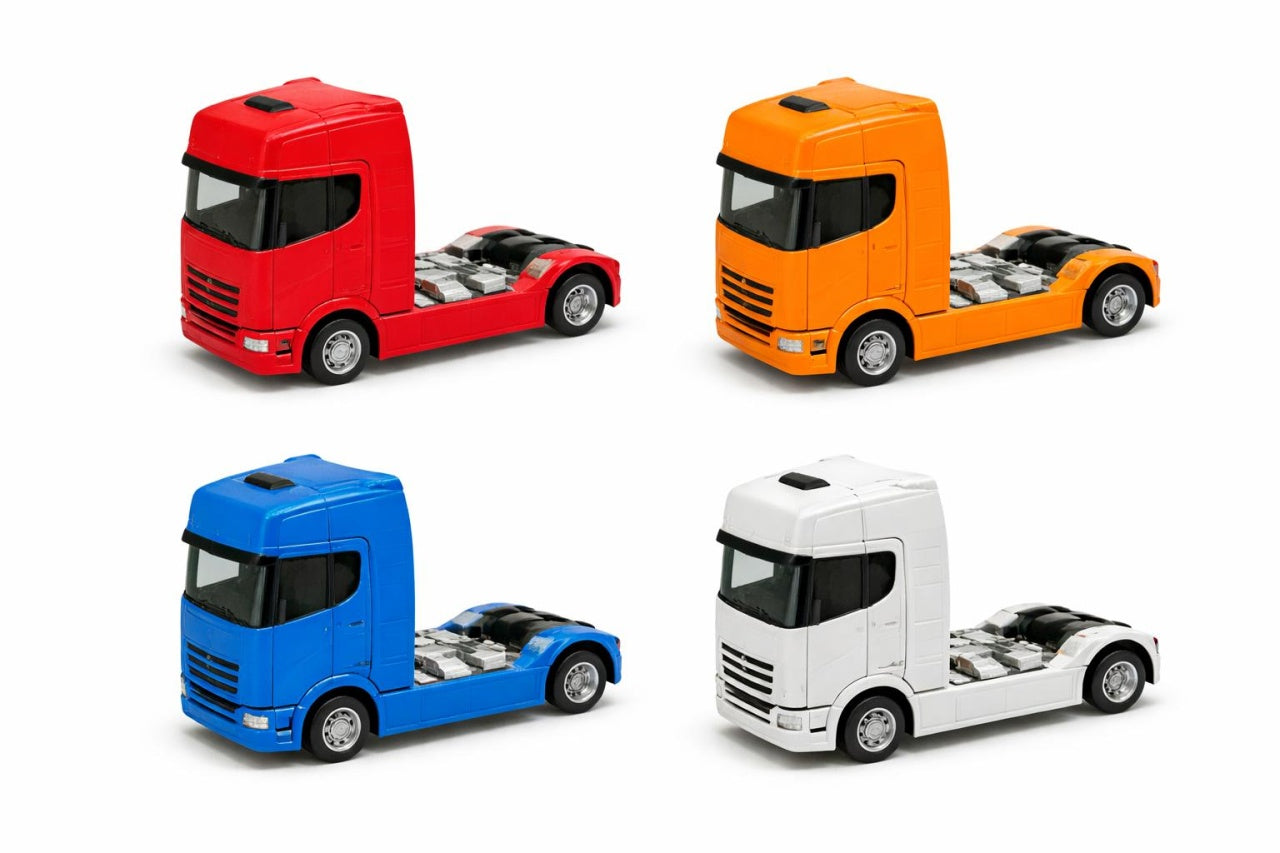Set 12 camioane cap tractor metal rabatabile 12.5 cm sunete lumini 4 culori