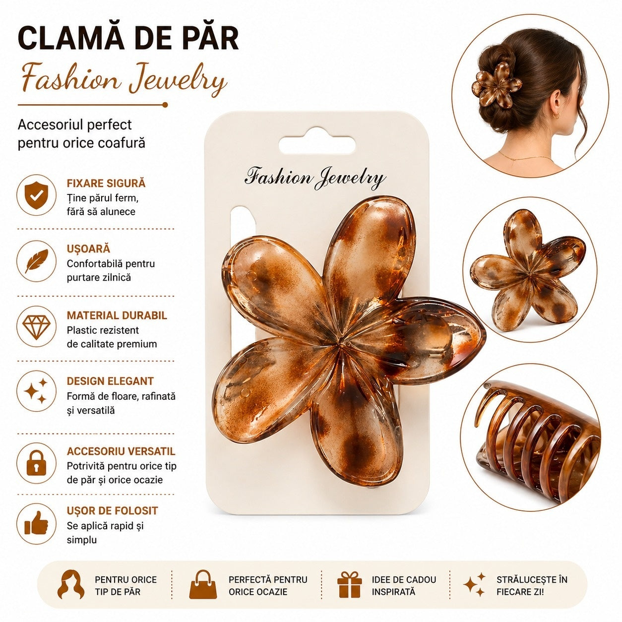 Set 12 Clești de Păr Floare 8 cm – Clame Elegante Animal Print