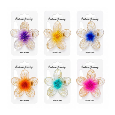 Set 12 Clești de Păr Floare Elegantă 8 cm – Clame Transparente cu Detalii Aurii