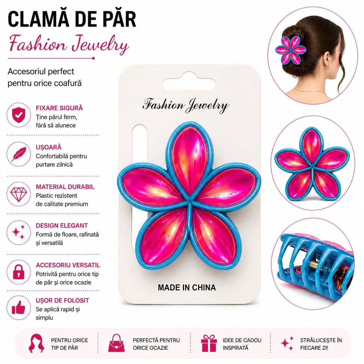 Set 12 Clești de Păr Model Floare 8 cm – Clame Colorate Elegante pentru Fete și Femei
