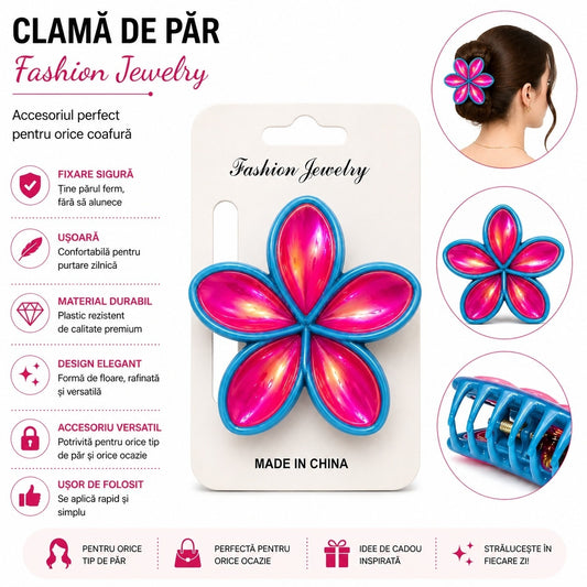 Set 12 Clești de Păr Model Floare 8 cm – Clame Colorate Elegante pentru Fete și Femei