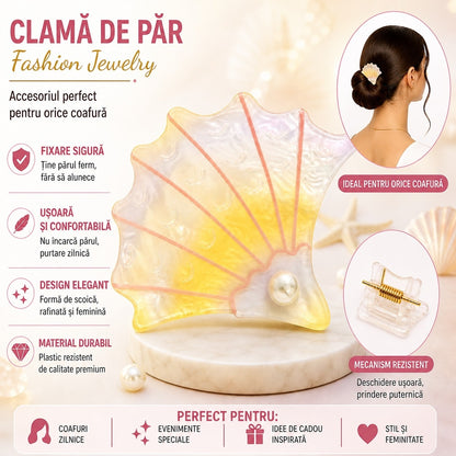 Set 12 Clești de Păr Scoică 7 cm cu Perlă – Diverse Culori Pastelate