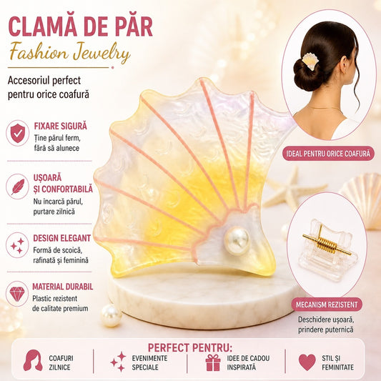 Set 12 Clești de Păr Scoică 7 cm cu Perlă – Diverse Culori Pastelate