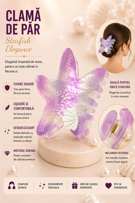 Set 12 Clești de Păr Stea de Mare 7,5 cm – Clame cu Scoică Decorativă, Diverse Culori