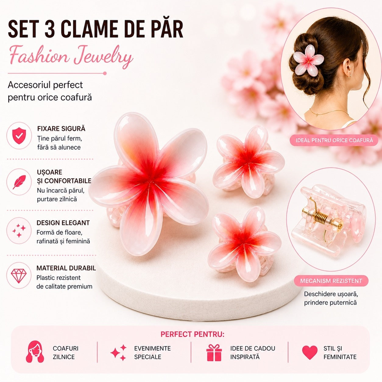 Set 12 Clești de Păr Trio în Formă de Floare – Clame Colorate