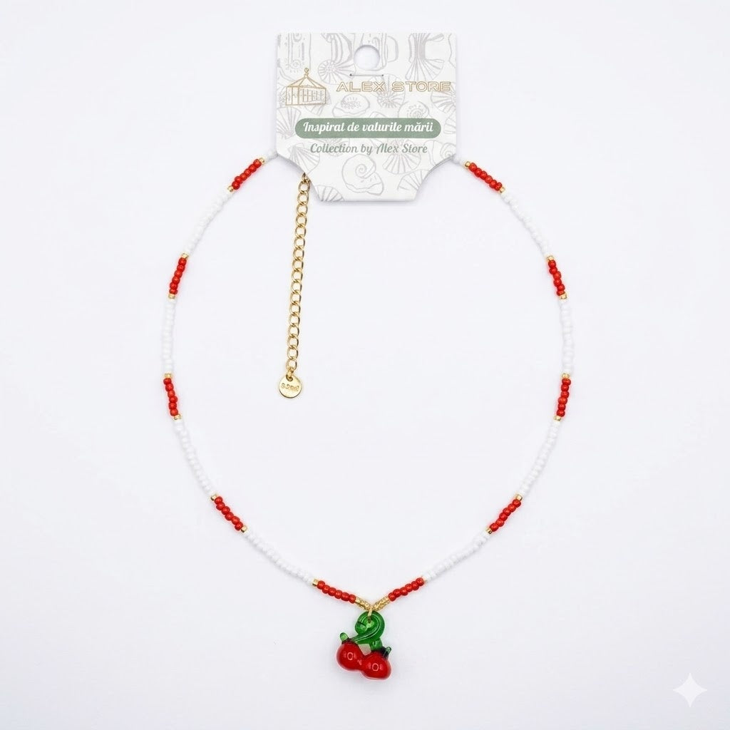 Set 12 Coliere Roxe, 40cm, Reglabile cu Margele si Pandantiv Cirese Rosu Alb