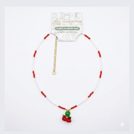 Set 12 Coliere Roxe, 40cm, Reglabile cu Margele si Pandantiv Cirese Rosu Alb