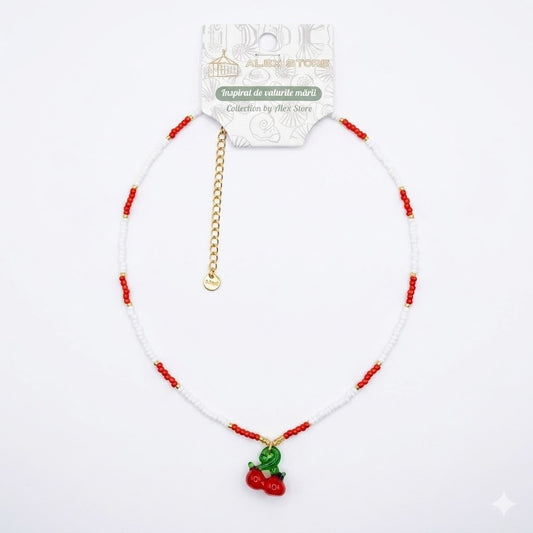 Set 12 Coliere Roxe, 40cm, Reglabile cu Margele si Pandantiv Cirese Rosu Alb