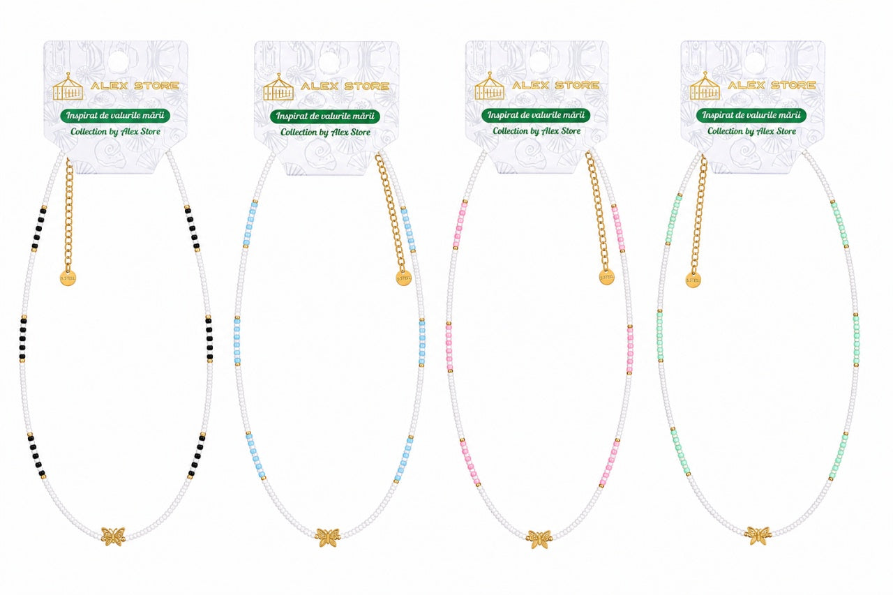 Set 12 Coliere Roxe, 40cm, Reglabile cu Margele si Pandantiv Fluture Multicolor