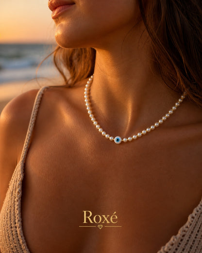 Set 12 Coliere Roxe, 40cm, Reglabile cu Margele Tip Perla si Pandantiv Ochi