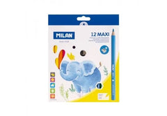Set 12 creioane colorate groase Milan Maxi + ascutitoare , culori vibrante si design ergonomic pentru copii,