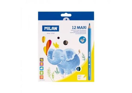 Set 12 creioane colorate groase Milan Maxi + ascutitoare , culori vibrante si design ergonomic pentru copii,