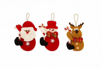 Set 12 Decoratiuni Craciun agatatoare figurine Mos Craciun Om de Zapada Ren cu baston dulce, 12cm per figurina