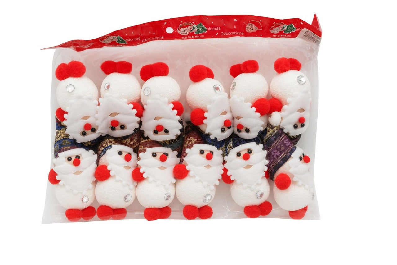 Set 12 decoratiuni Craciun Mos Craciun din burete cu pompon rosu, 14cm per buc