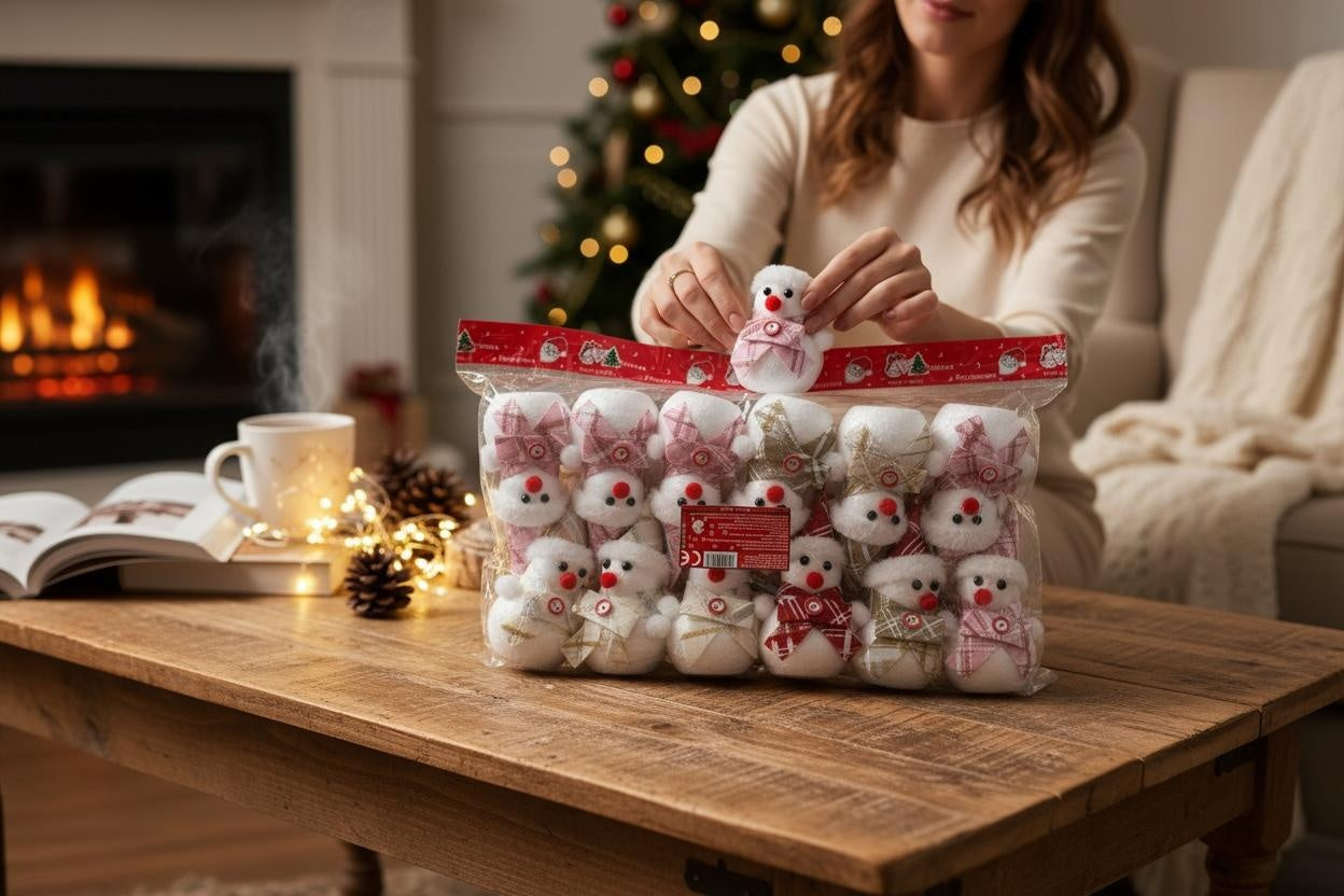 Set 12 decoratiuni Craciun om de zapada textil+polistiren , modele mixte cu fular si caciula, pachet multiplu, 16cm per bucata