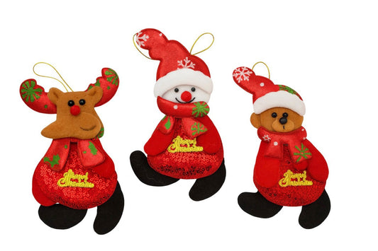 Set 12 decoratiuni Craciun textile cu ren, om de zapada si ursulet, 16cm