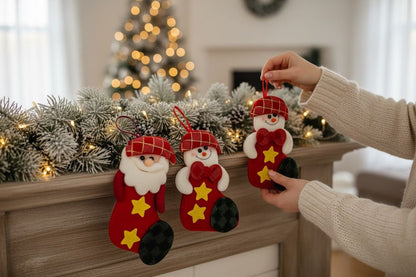 Set 12 decoratiuni Craciun tip ciorapel , Mos Craciun, om de zapada, ren , model textil1, 4cm