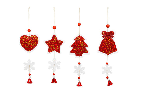 Set 12 decoratiuni lemn Craciun rosii cu sclipici 25 cm modele combinate
