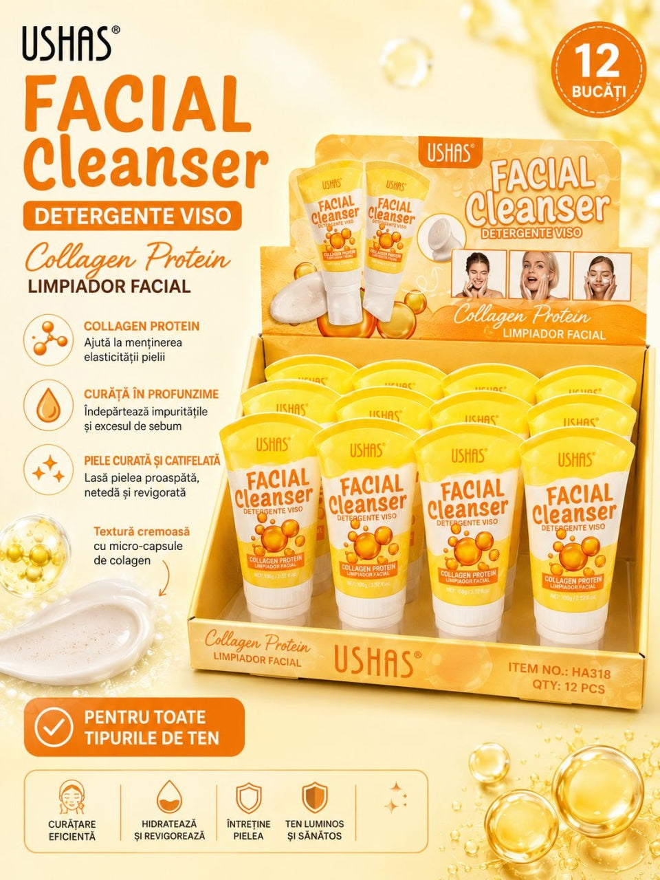 Set 12 Geluri de Curățare Facială USHAS cu Proteină de Colagen – Cleanser pentru Față, Curățare și Hidratare