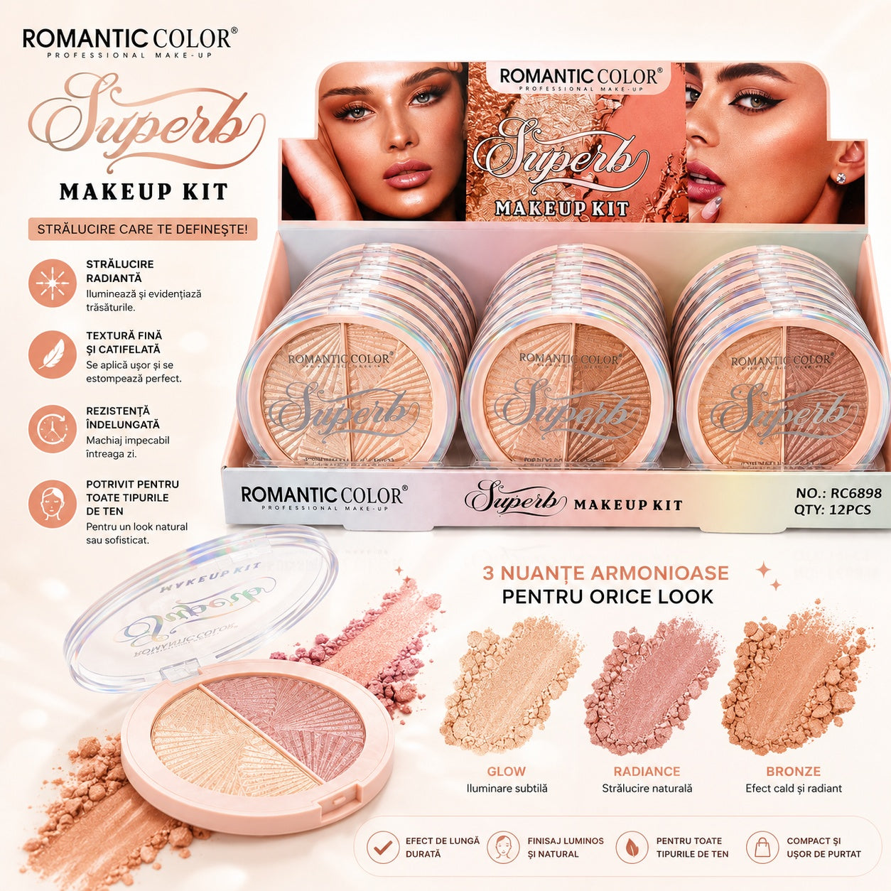 Set 12 Iluminatoare Duo Romantic Color Superb – Highlighter Compact cu 2 Nuanțe