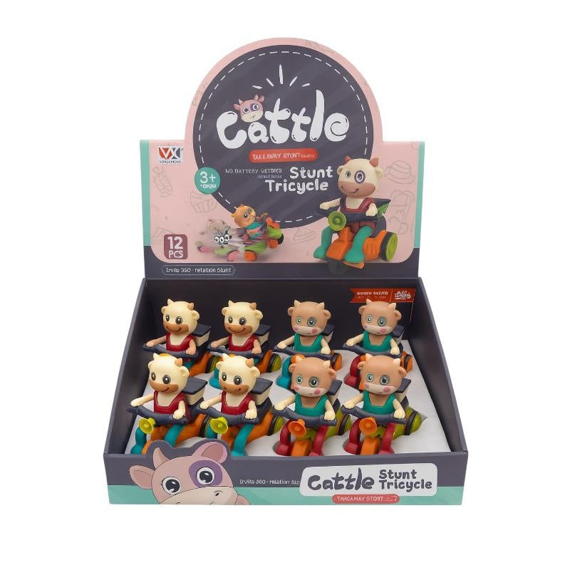 Set 12 jucarii mecanice vitelus pe tricicleta, pull back, pentru copii 3+ ani