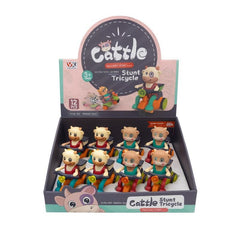 Set 12 jucarii mecanice vitelus pe tricicleta, pull back, pentru copii 3+ ani