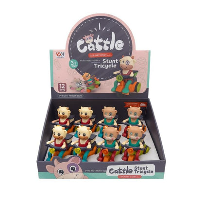Set 12 jucarii mecanice vitelus pe tricicleta, pull back, pentru copii 3+ ani