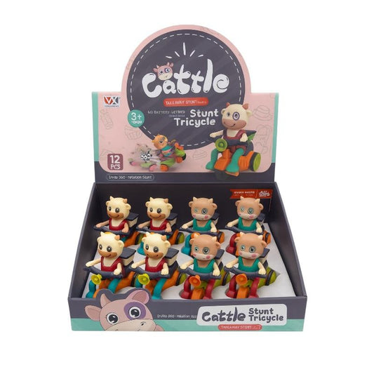 Set 12 jucarii mecanice vitelus pe tricicleta, pull back, pentru copii 3+ ani