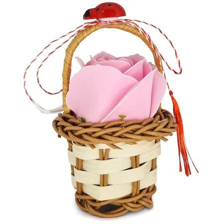 Set 12 martisoare cosulet cu trandafir colorat, decor floral de primavara